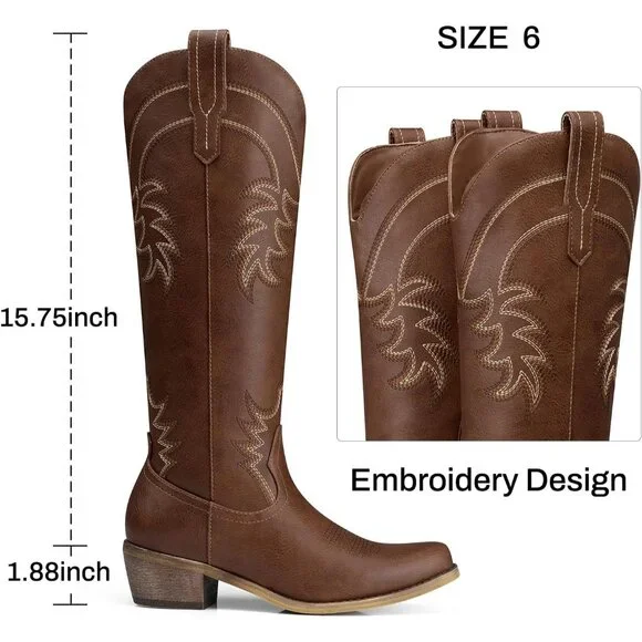 Women's Brown Comfortable Pointed Toe Knee High Cowgirl Boots Chunky Low Heel - Picture 4 of 6